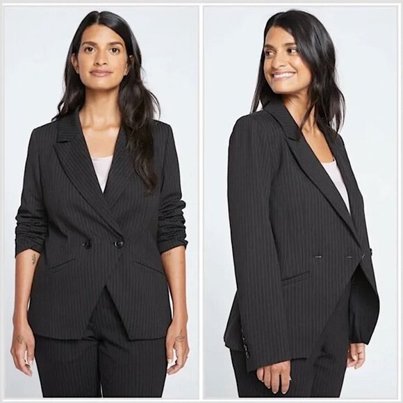 UNIVERSAL STANDARD Bianca Italian Double Breasted Pinstripe Blazer Black - Picture 2 of 12